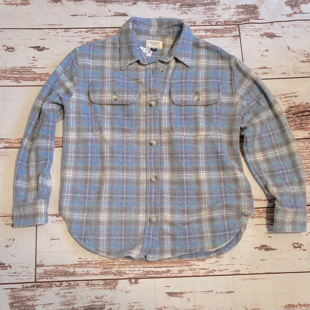 American Eagle Oversized Long Sleeve Blue Flannel Shirt Size XSmall (NWT)